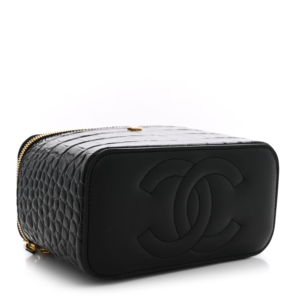 Calfskin Crocodile Embossed Crococo Small Top Handle Vanity Case With Chain Black