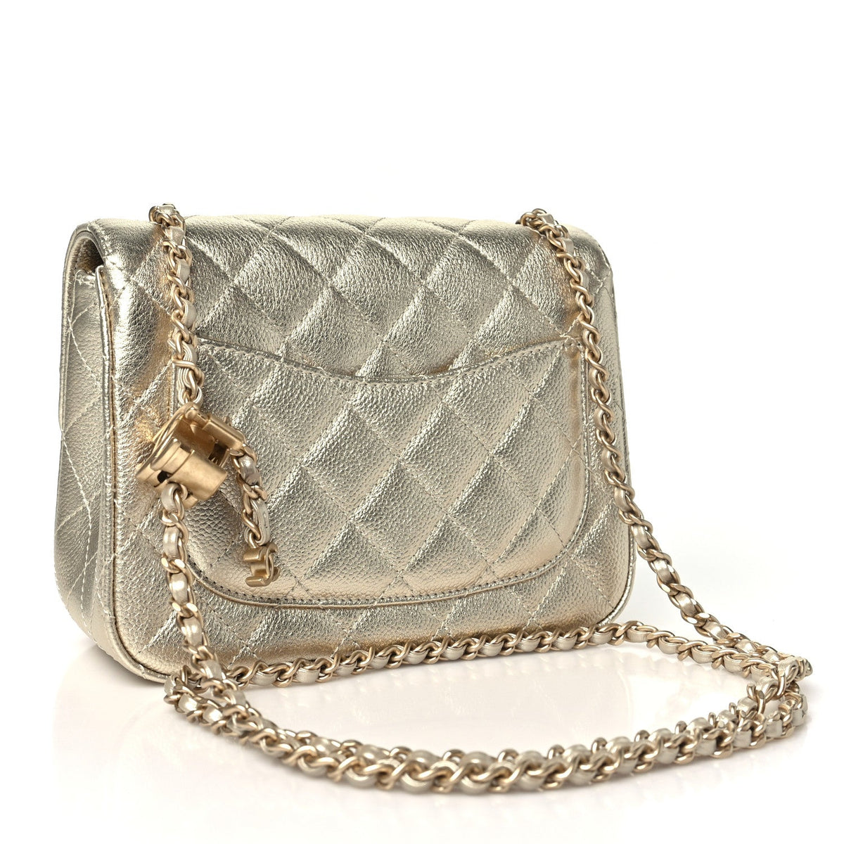 Metallic Caviar Quilted Mini Square CC Slide Flap Gold