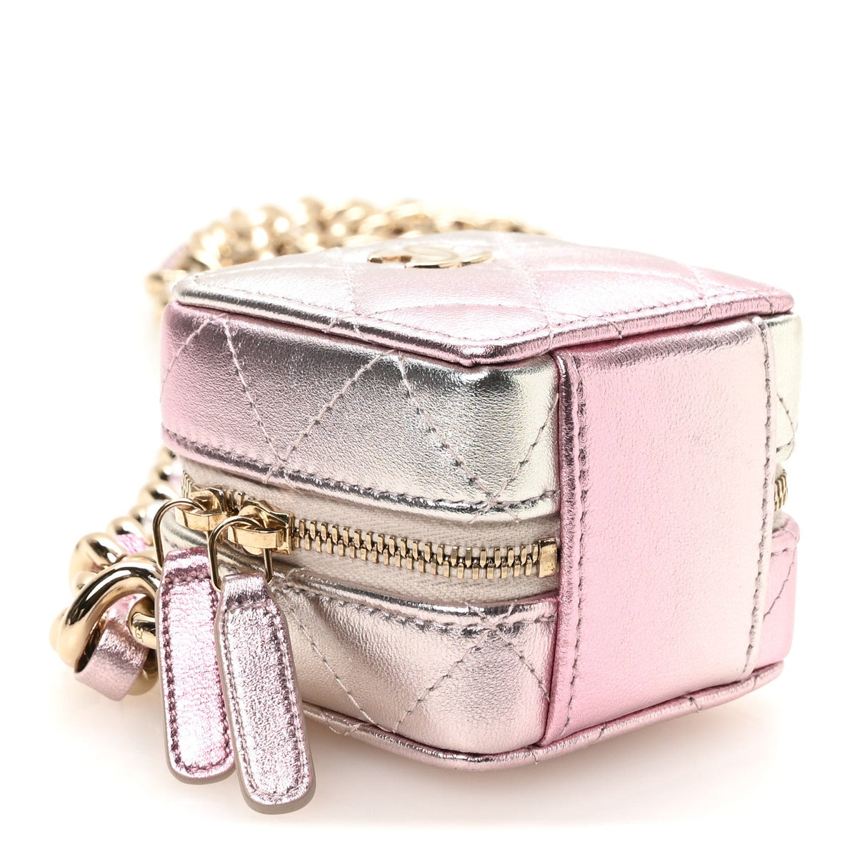 Gradient Metallic Lambskin Quilted Like A Wallet Clutch With Chain Gold Pink