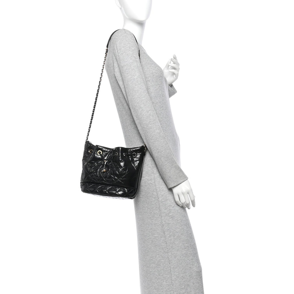 Shiny Aged Calfskin CC Chain Drawstring Bag Black