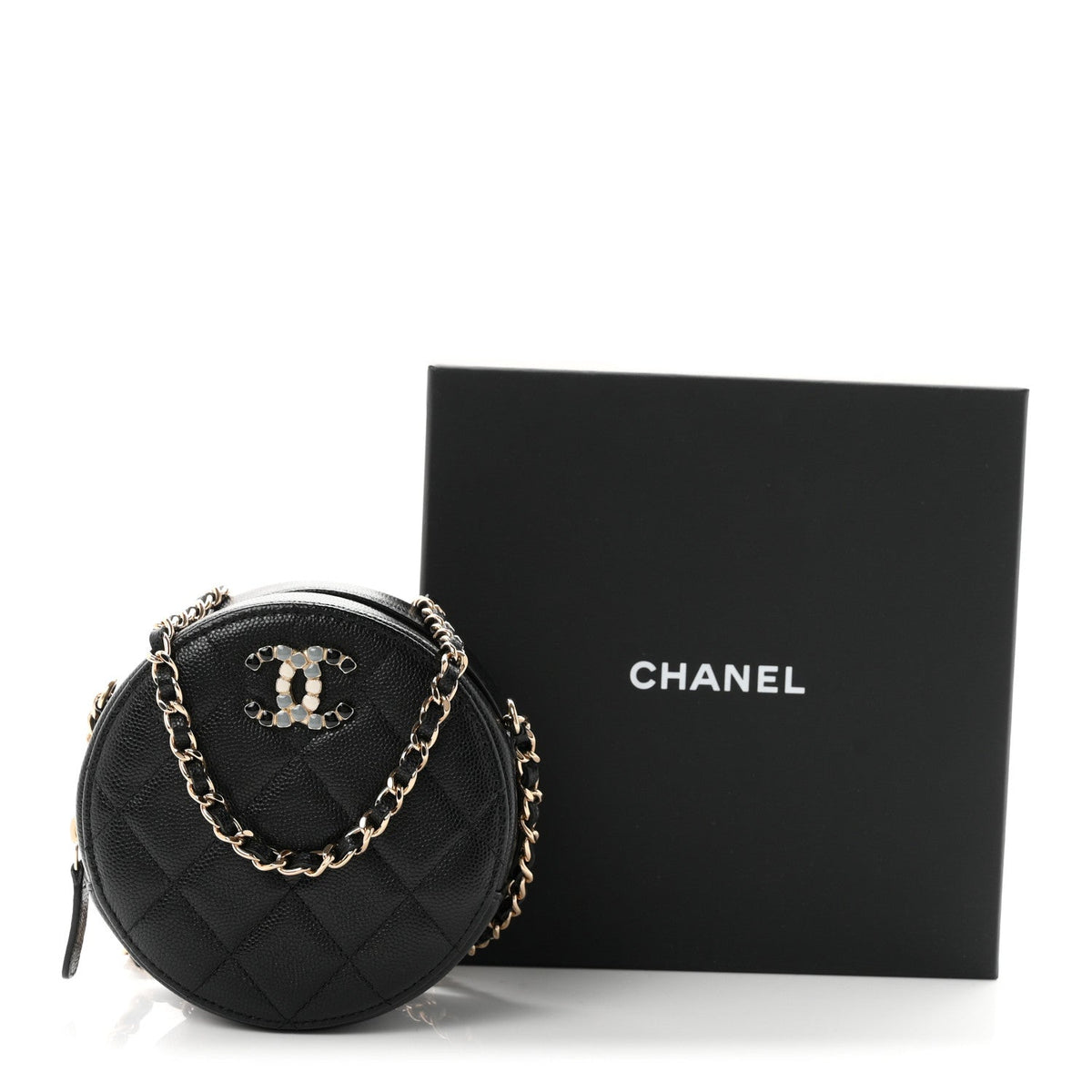 Caviar Quilted Gripoix CC Round Clutch With Chain Black