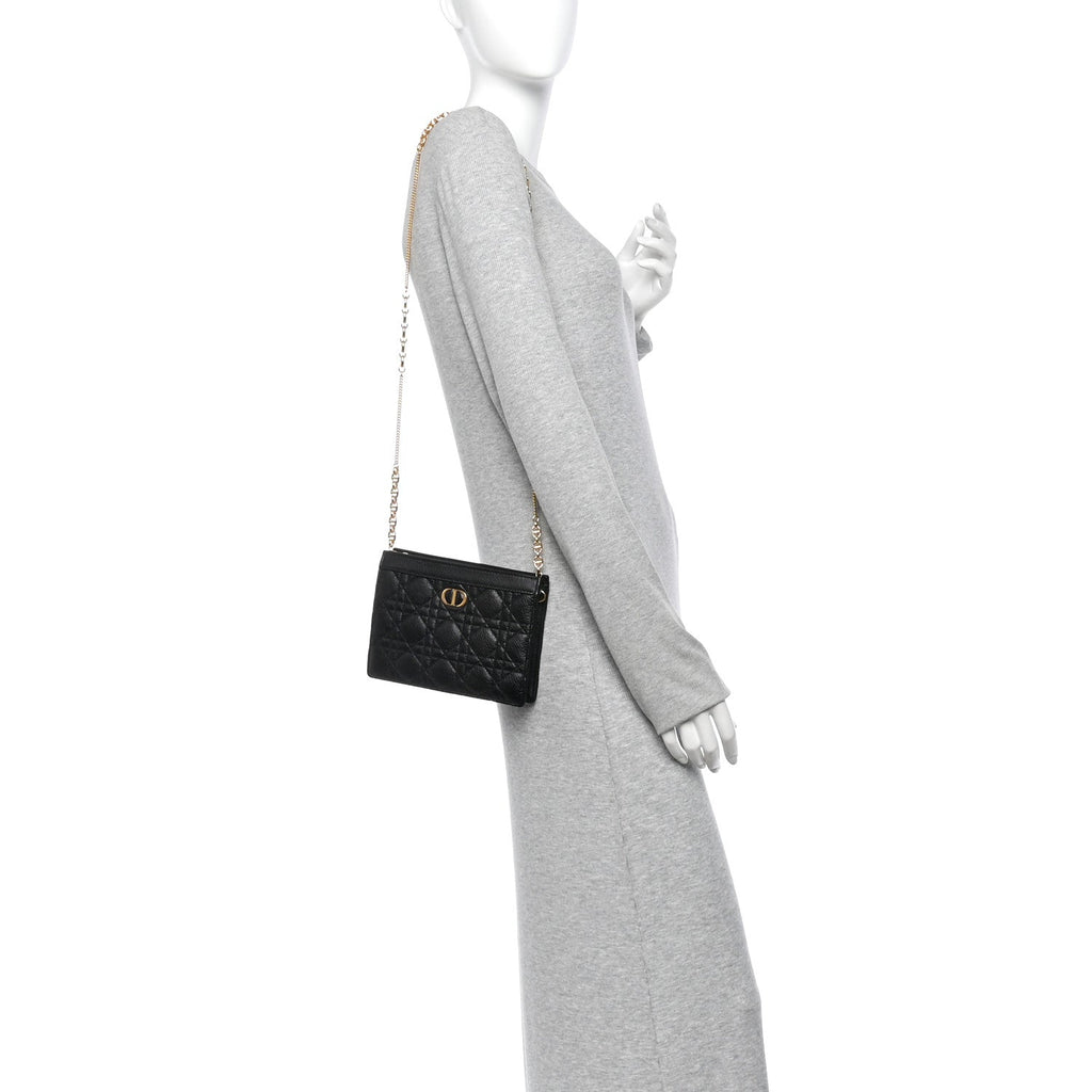 Calfskin Cannage Caro Zipped Pouch With Chain Black