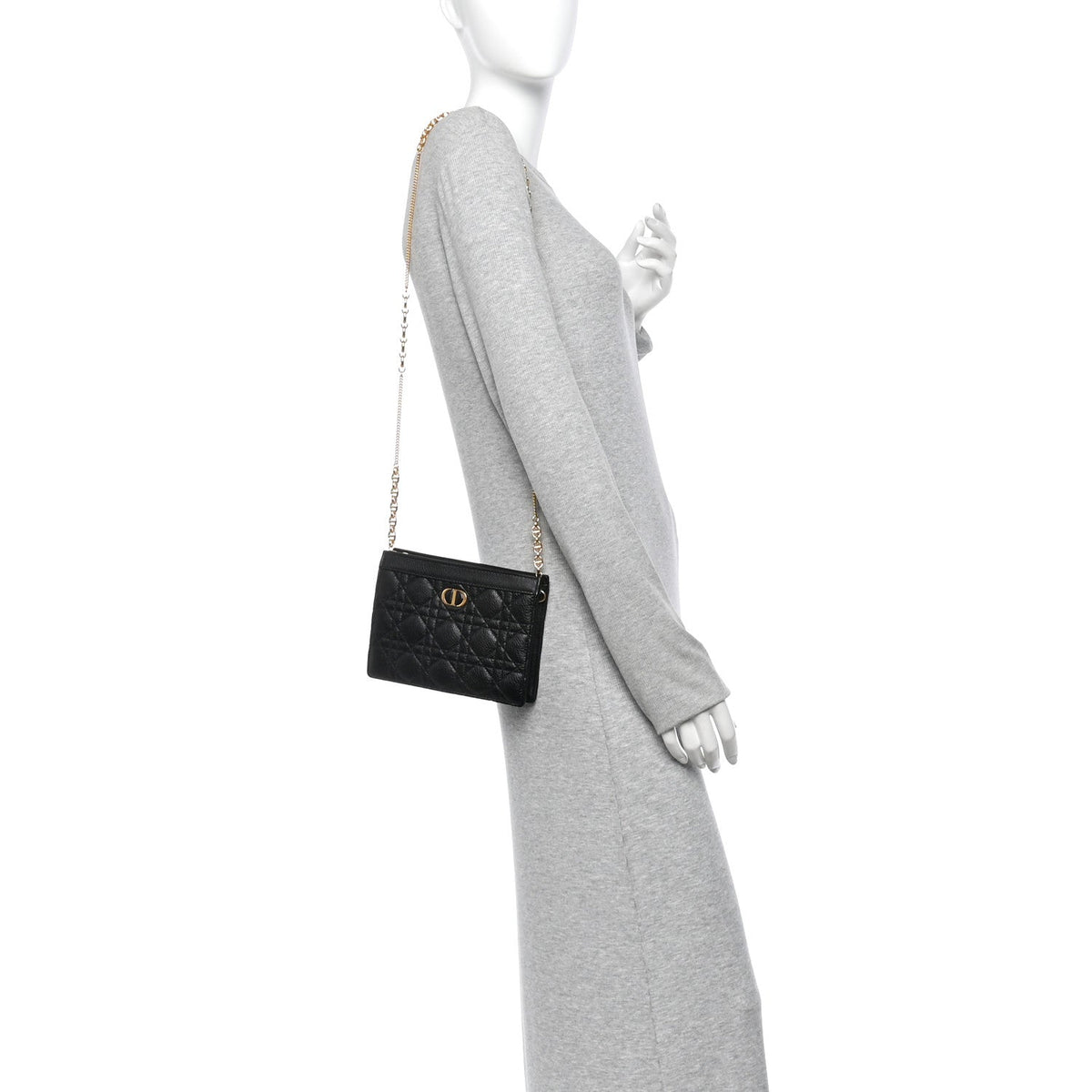 Calfskin Cannage Caro Zipped Pouch With Chain Black