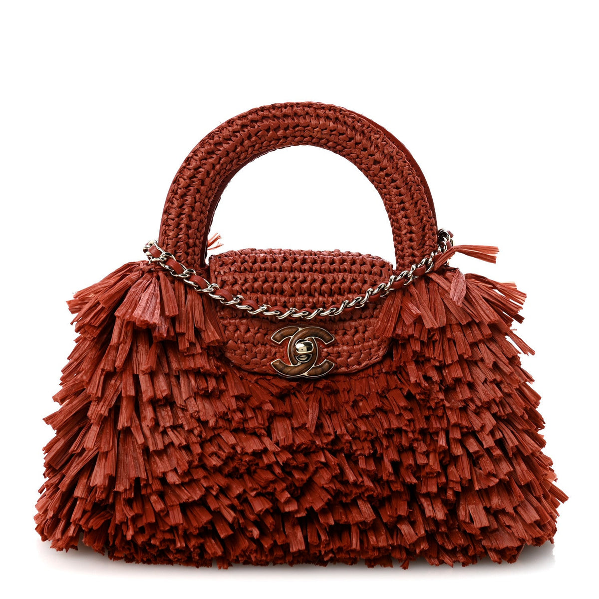 Raffia Fringe Nano Kelly Shopper Red