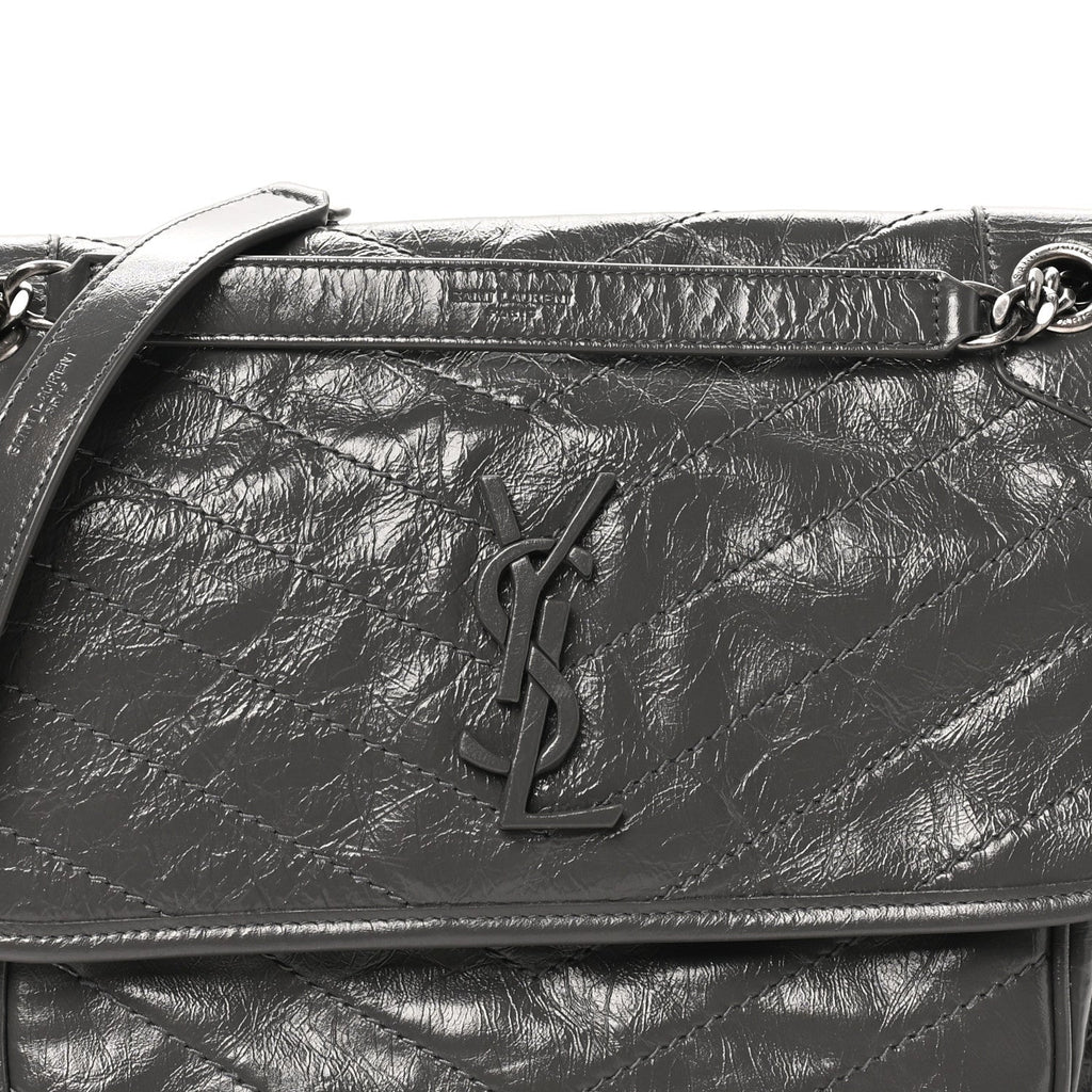 Crinkled Calfskin Matelasse Monogram Medium Niki Chain Satchel Thunder