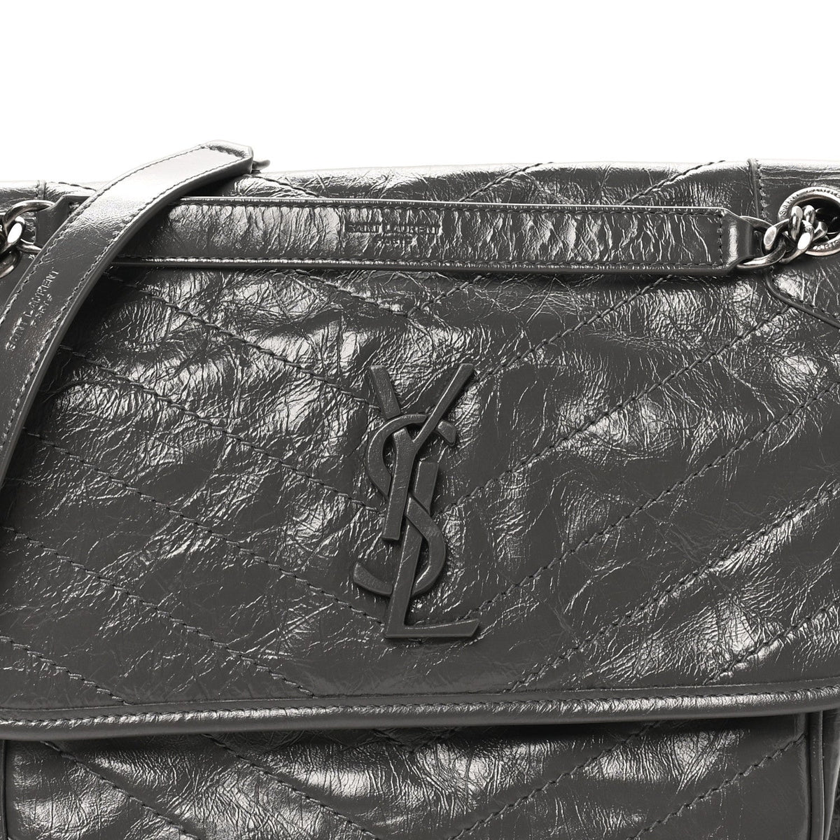 Crinkled Calfskin Matelasse Monogram Medium Niki Chain Satchel Thunder