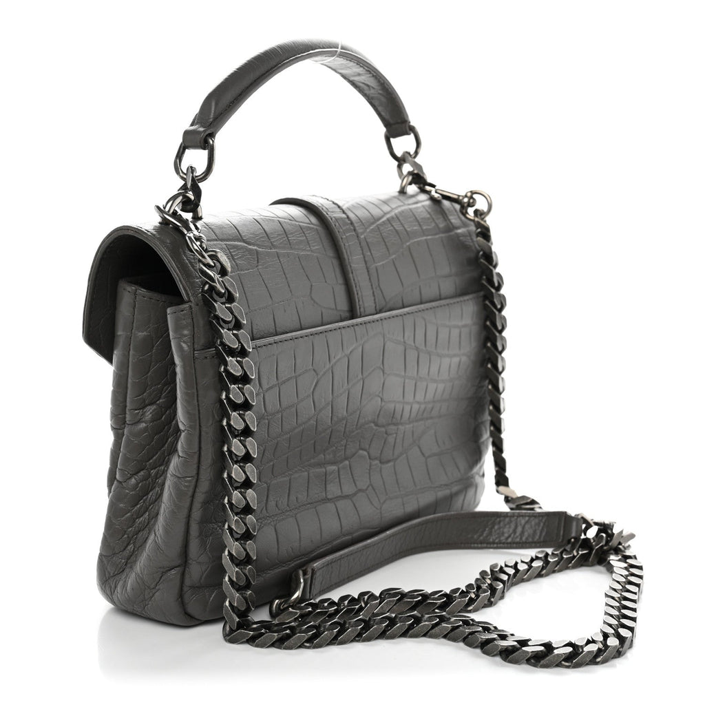 Calfskin Crocodile Embossed Medium College Monogram Satchel Gray