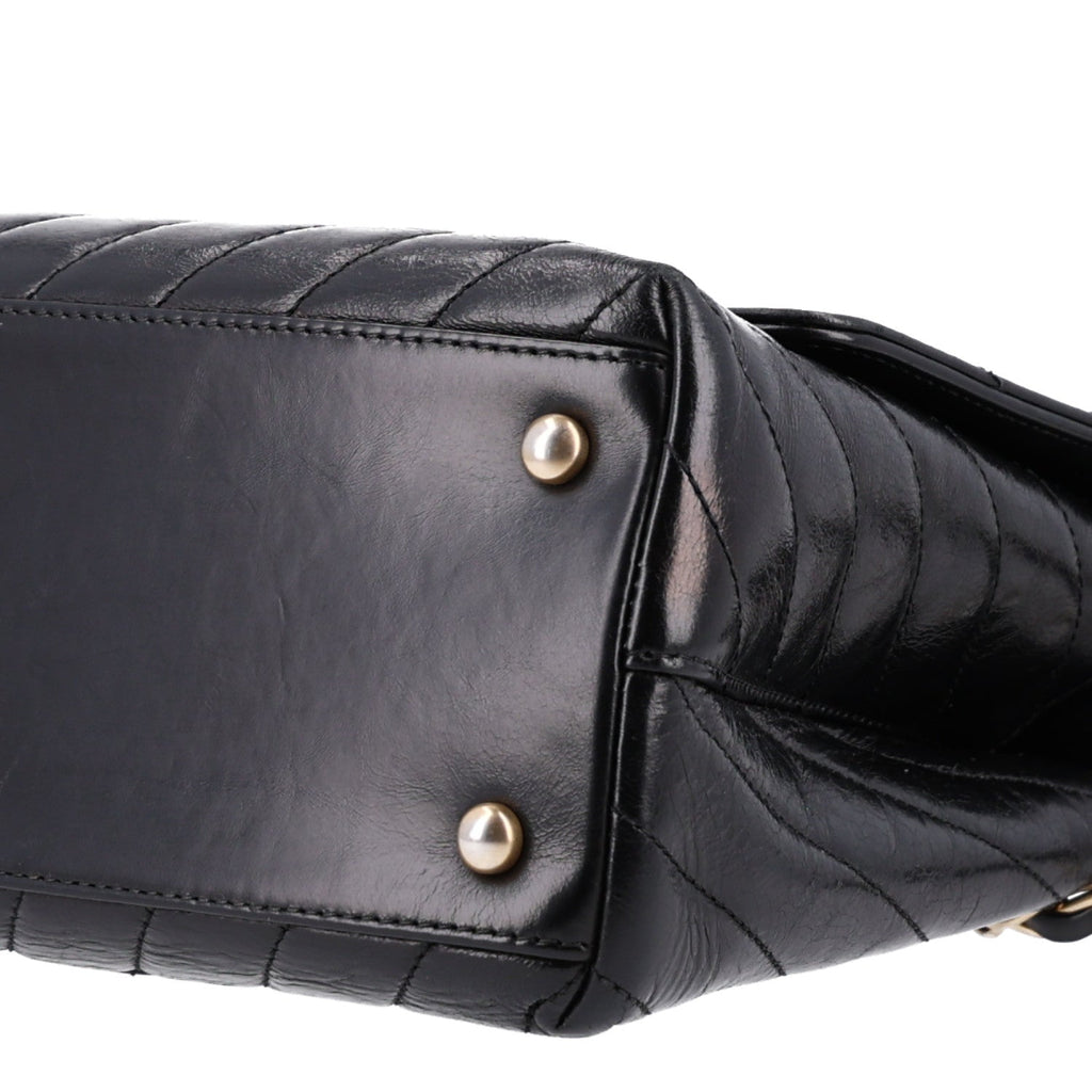 Aged Calfskin Chevron Quilted Small Coco Handle Flap Black