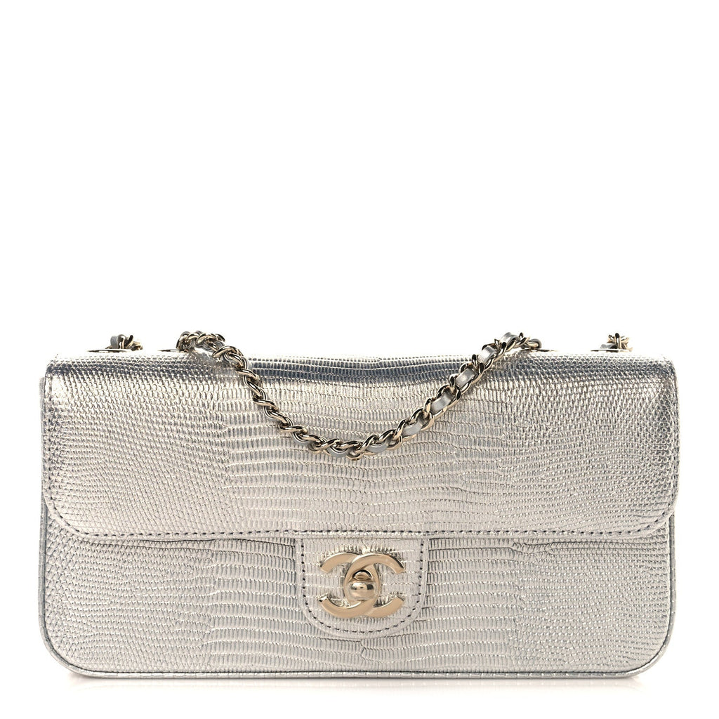 Metallic Calfskin Lizard Embossed Small East West Flap Silver
