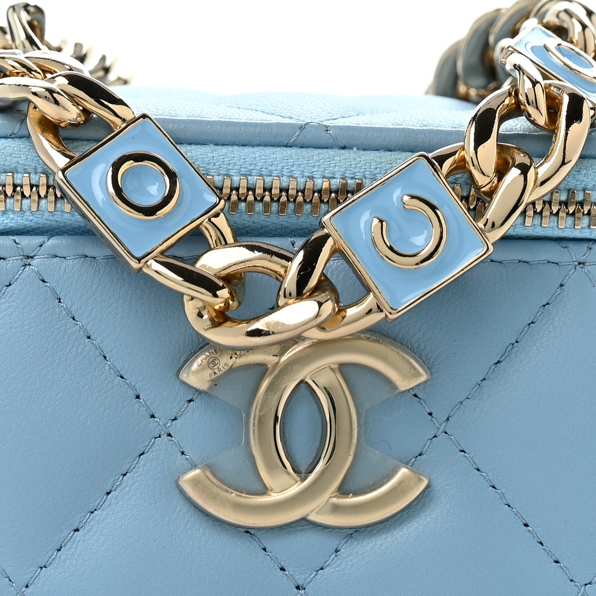 Lambskin Quilted Enamel Coco Mini Vanity Case With Chain Blue