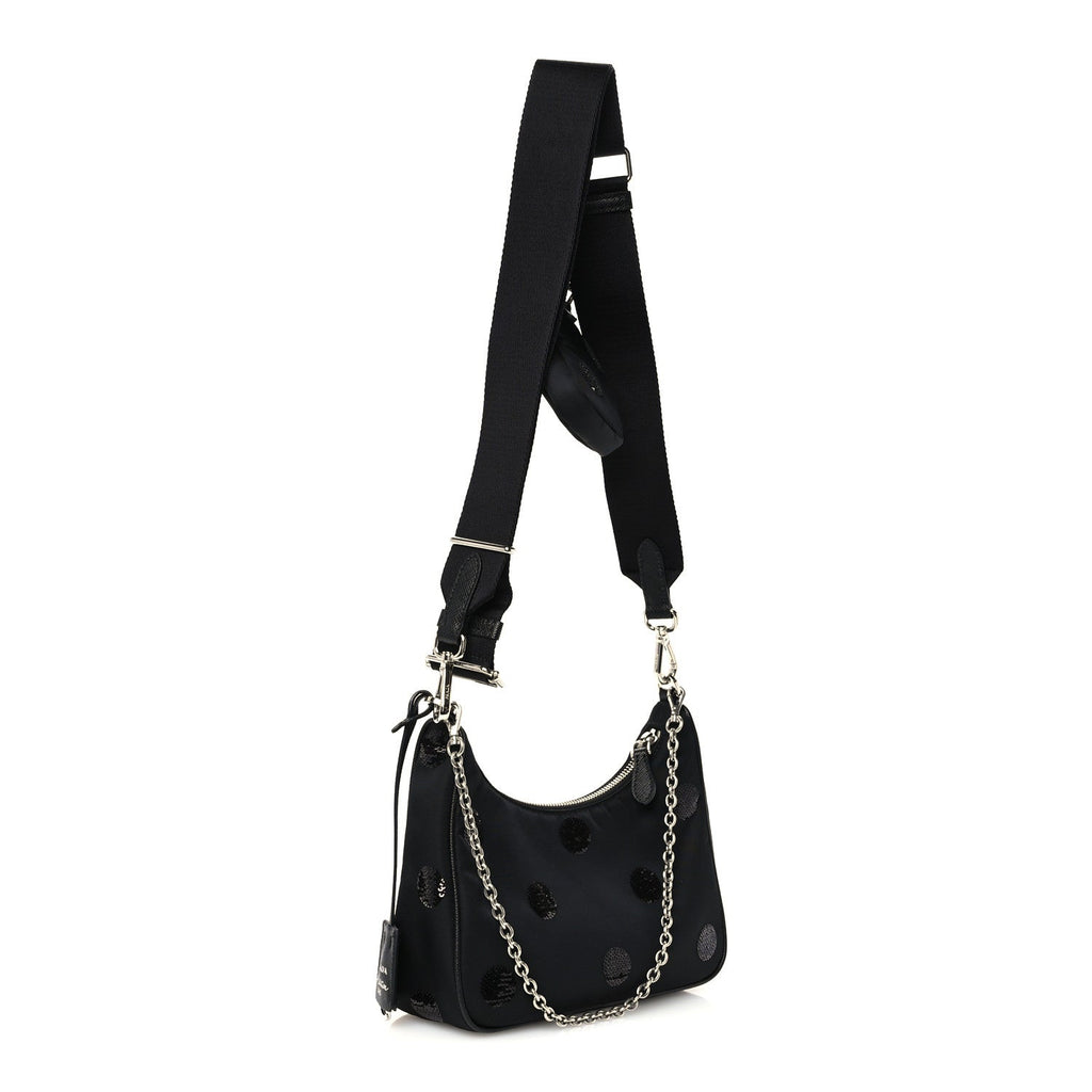 Nylon Sequin Embellished Polka Dot Re-Edition 2005 Shoulder Bag Black