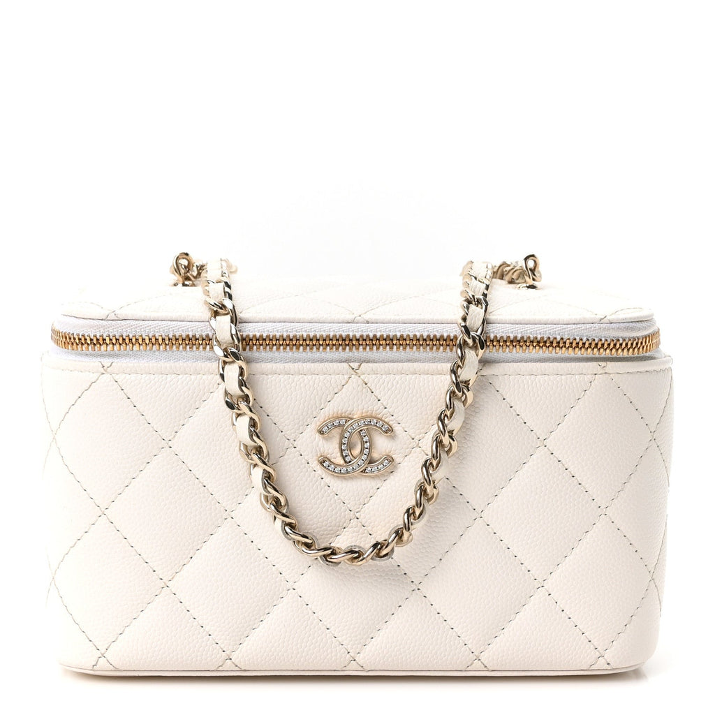 Caviar Quilted Crystal CC Logo Vanity Case With Chain White