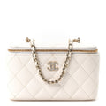 Caviar Quilted Crystal CC Logo Vanity Case With Chain White