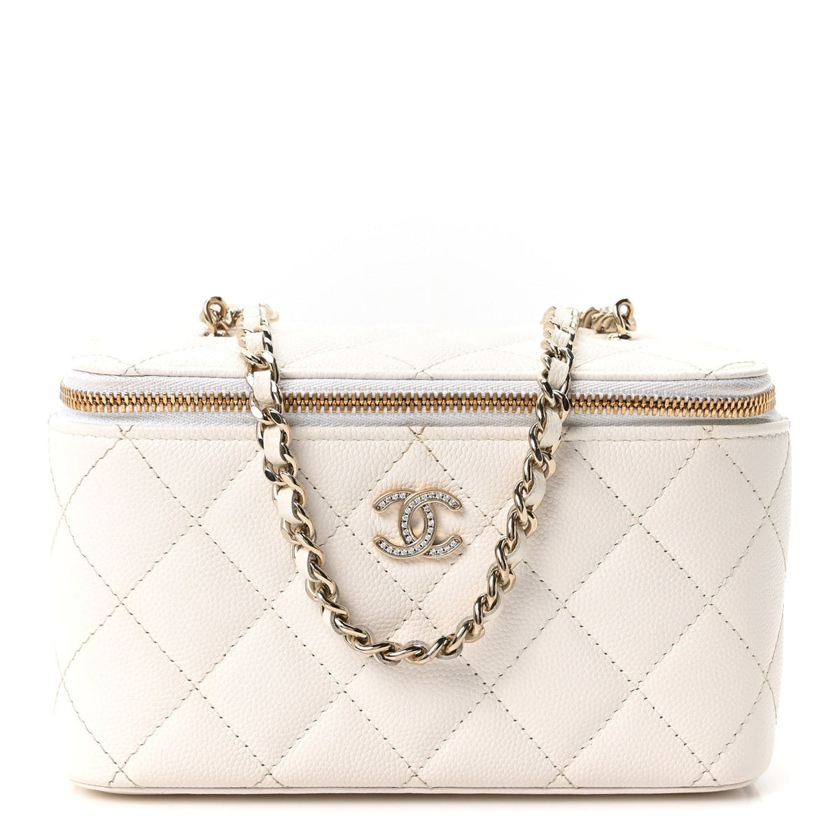 Caviar Quilted Crystal CC Logo Vanity Case With Chain White