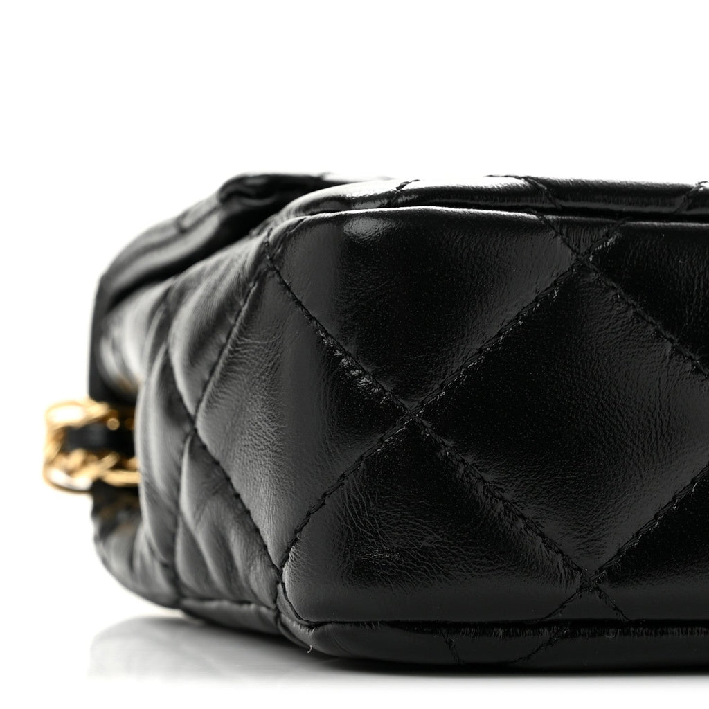Shiny Lambskin Quilted Golden Links Top Handle Flap Black