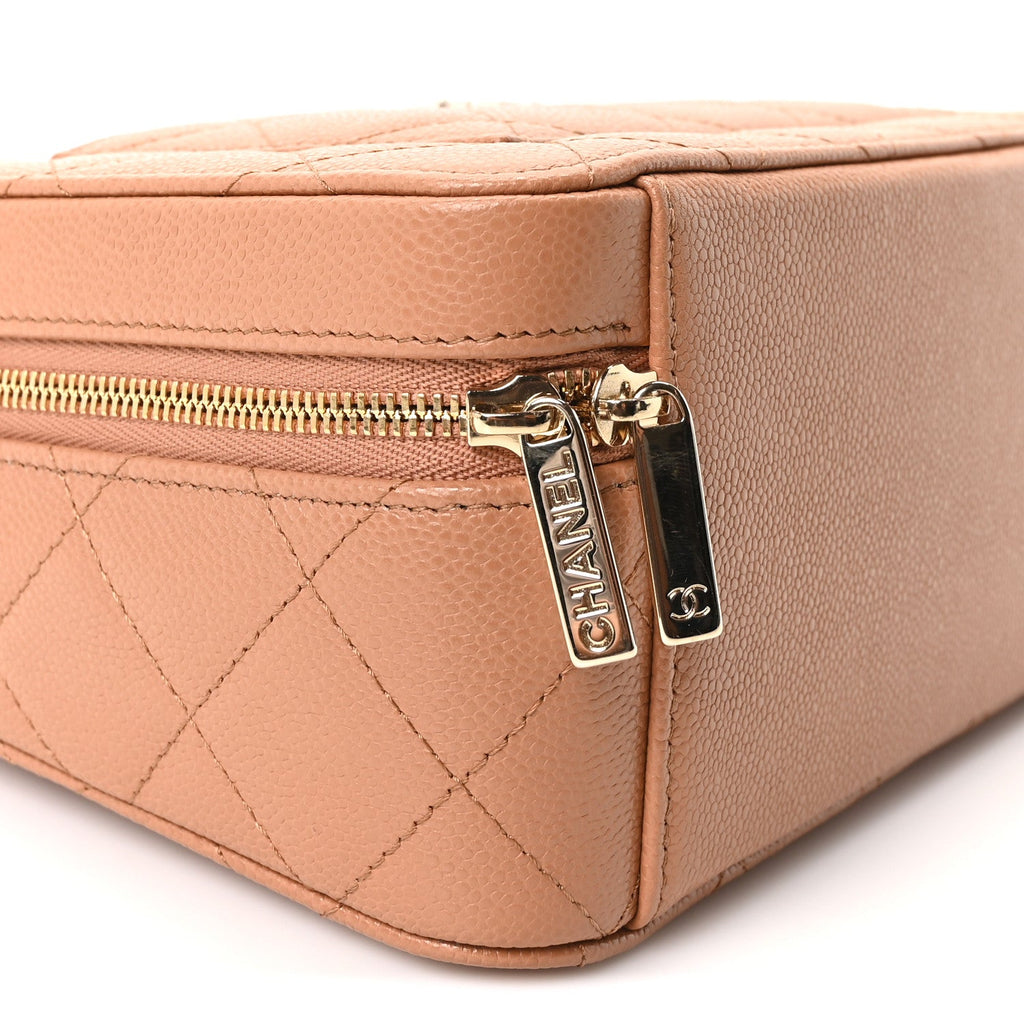 Caviar Quilted Top Handle Vanity With Chain Dark Beige
