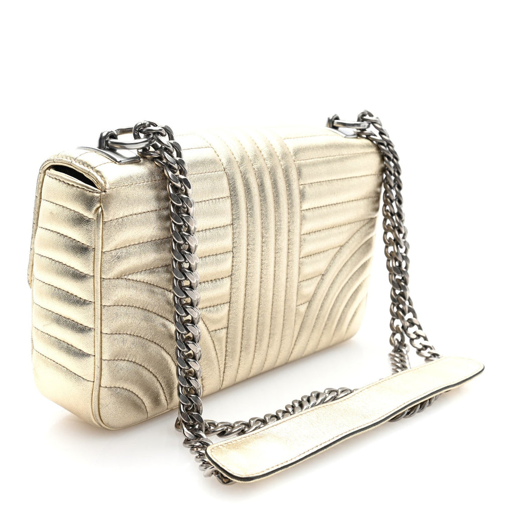 Metallic Nappa Impunture Diagramme Medium Chain Flap Shoulder Bag  Gold