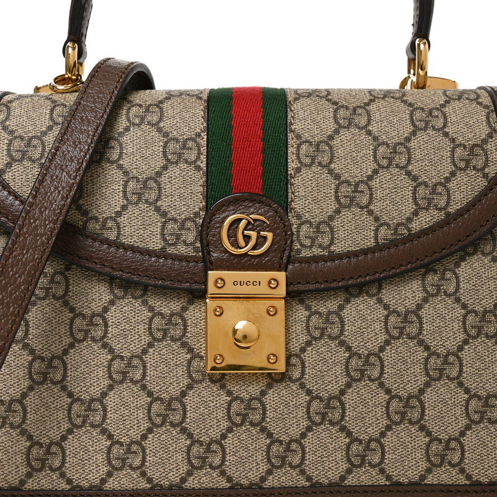 GG Supreme Monogram Textured Dollar Calfskin Web Small Ophidia Padlock Top Handle Bag Beige Ebony New Acero