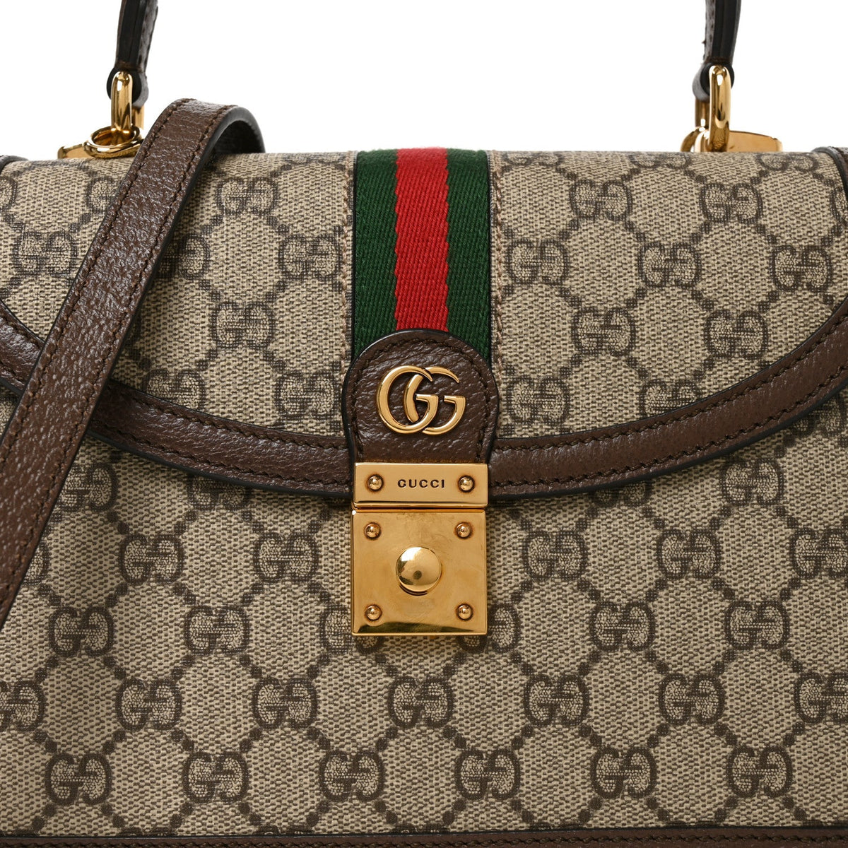 GG Supreme Monogram Textured Dollar Calfskin Web Small Ophidia Padlock Top Handle Bag Beige Ebony New Acero