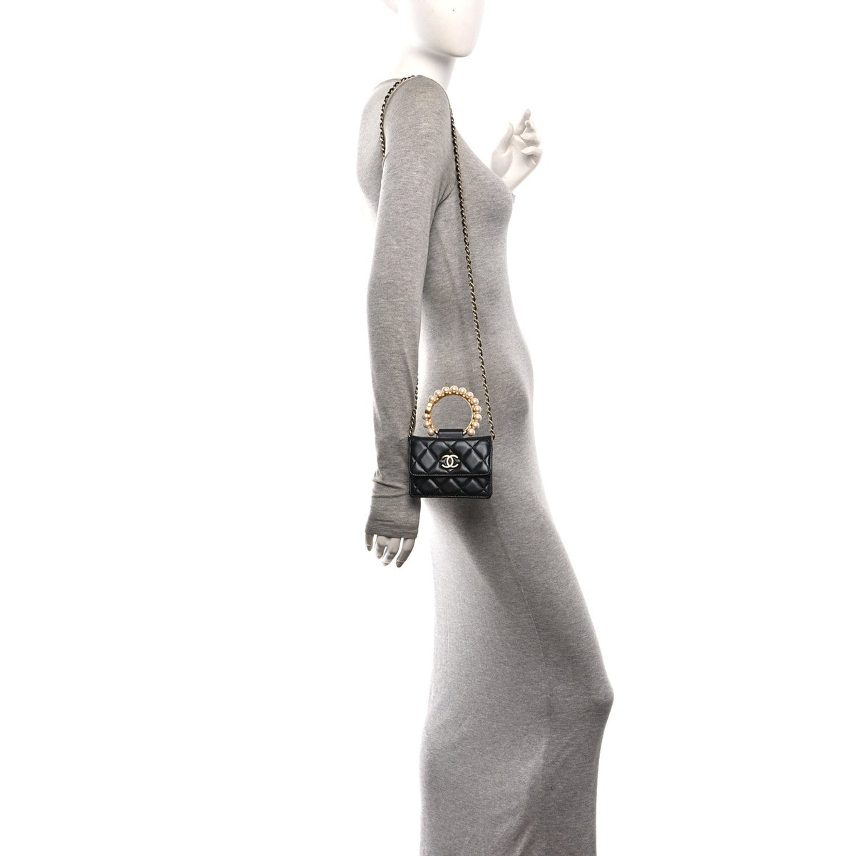Lambskin Quilted Pearl Crown Clutch With Chain Black