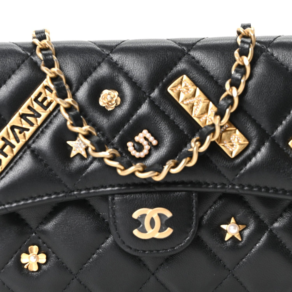 Lambskin Quilted Charm Flap Phone Holder With Chain Black