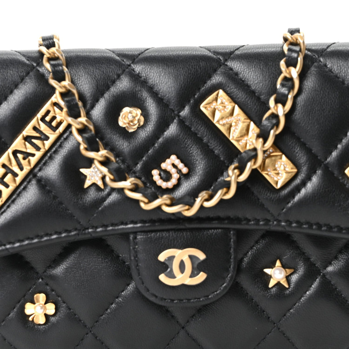 Lambskin Quilted Charm Flap Phone Holder With Chain Black