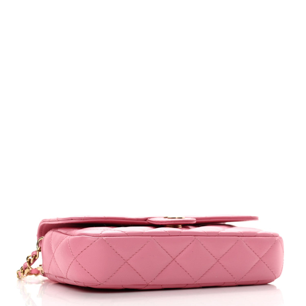 Lambskin Quilted Flap Phone Holder With Chain Pink