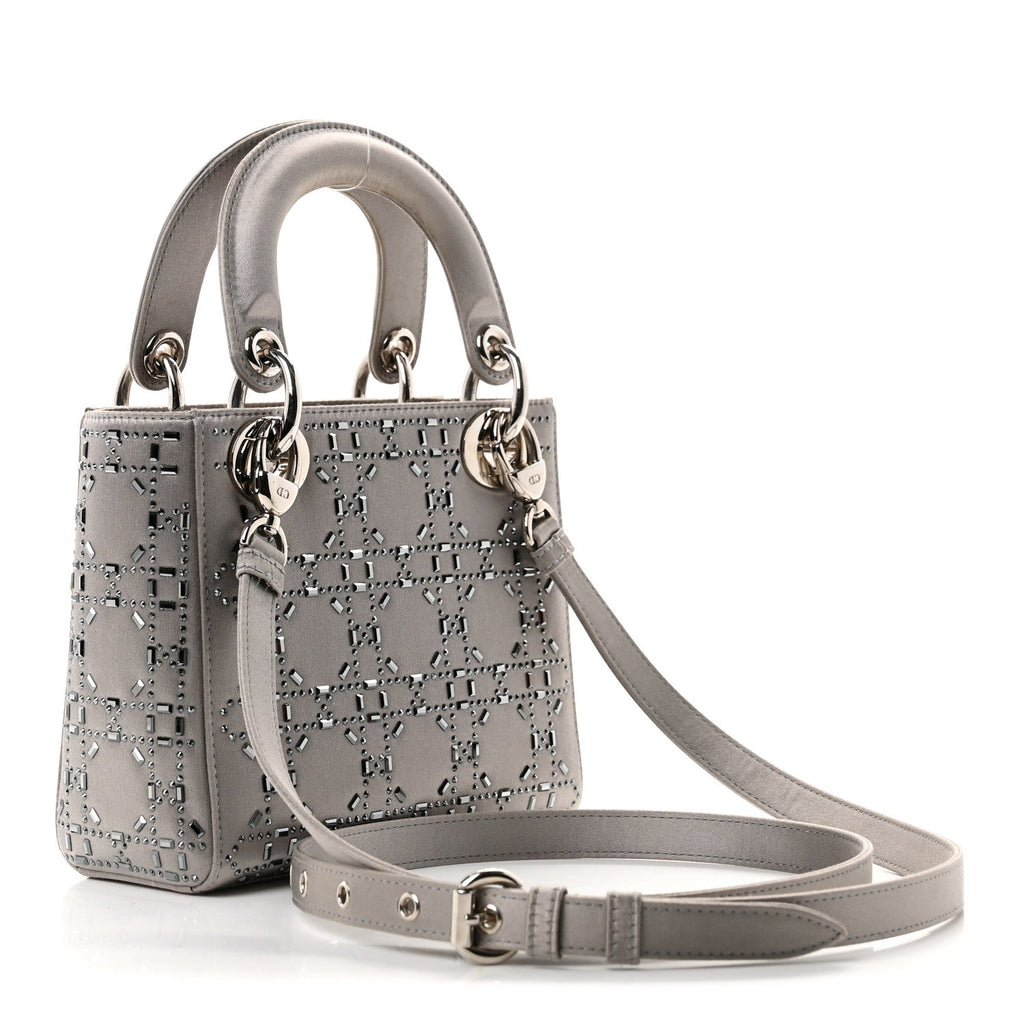 Satin Crystal Cannage Mini Lady Dior Gray