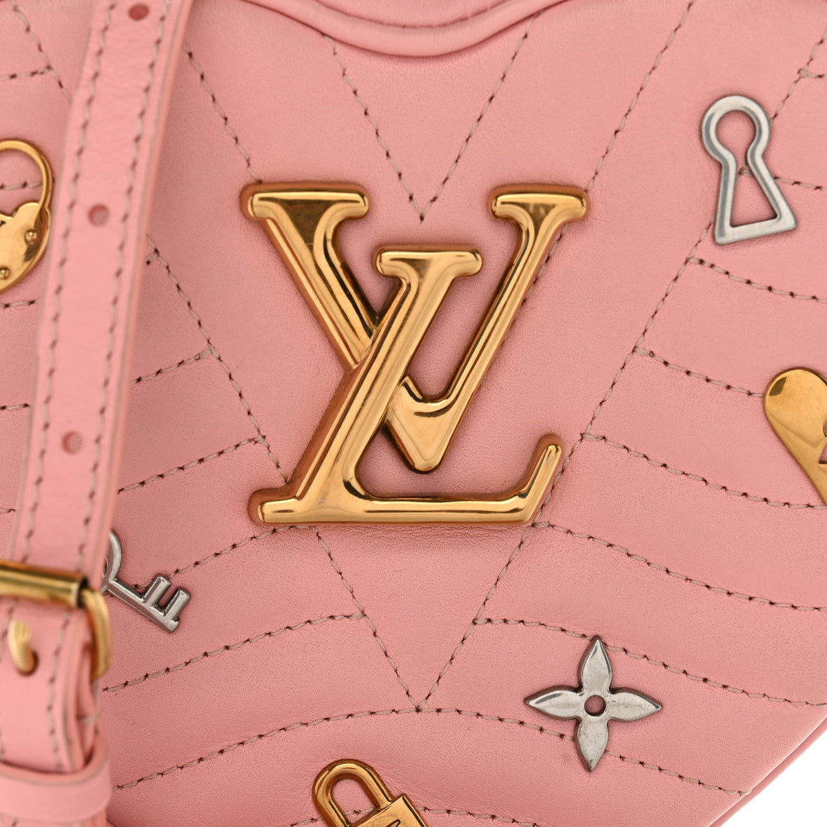 Calfskin Embellished New Wave Love Lock Heart Bag Rose Pomettes