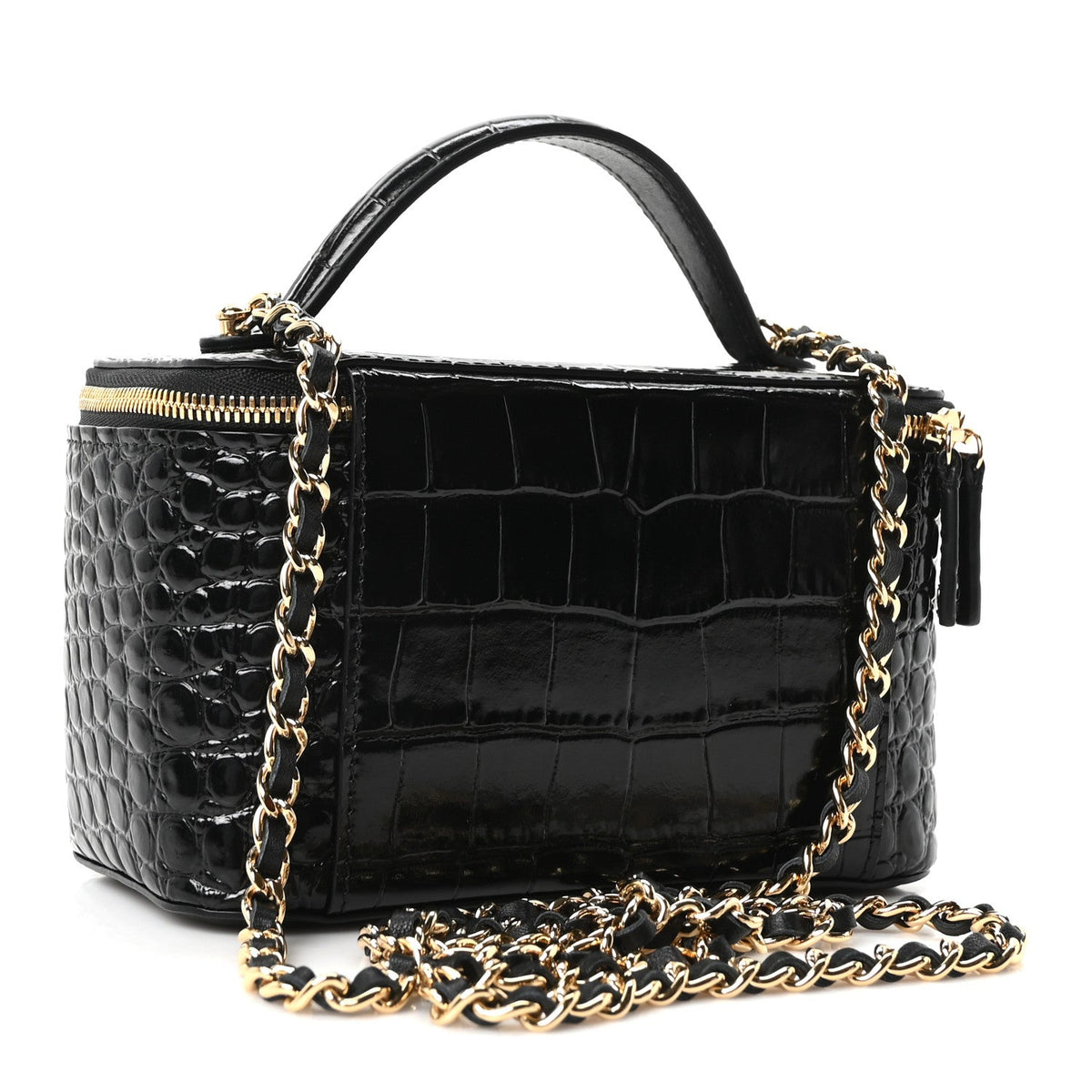 Calfskin Crocodile Embossed Crococo Small Top Handle Vanity Case With Chain Black