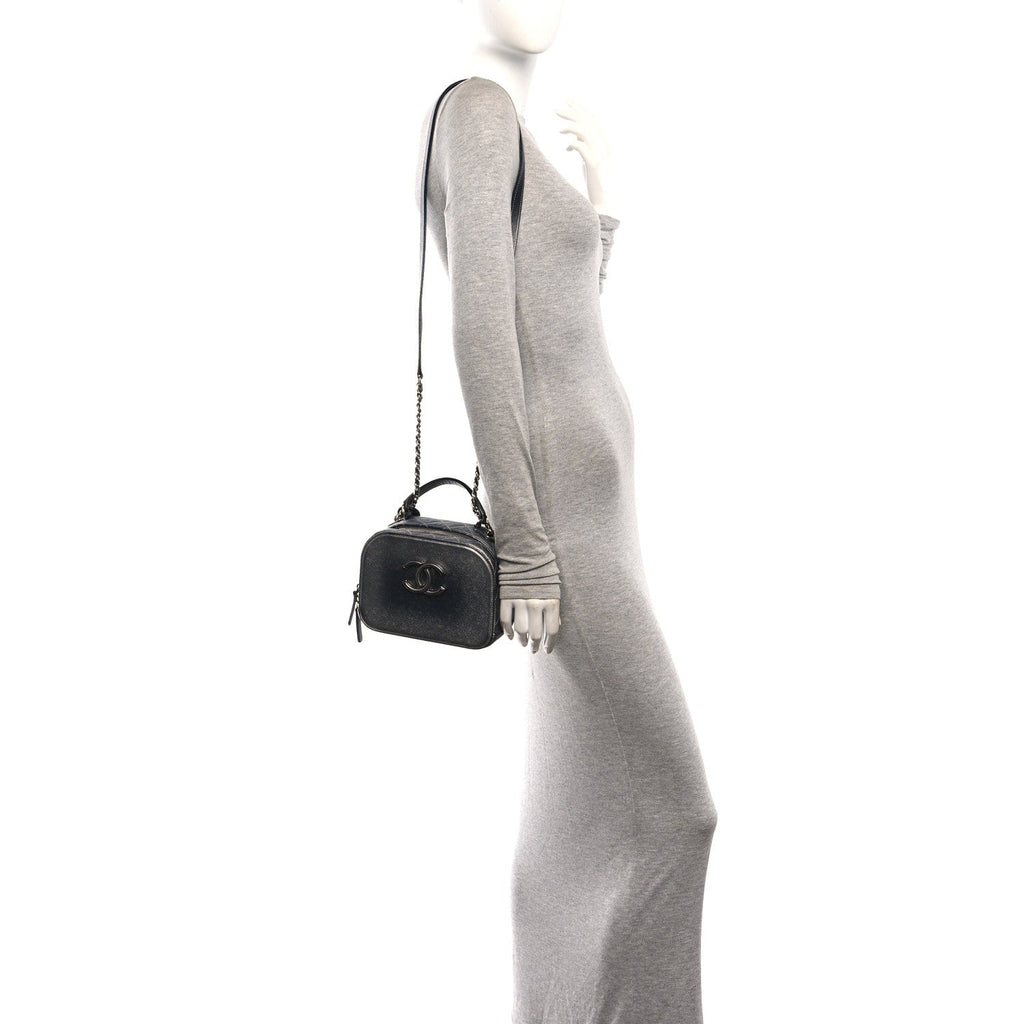 Metallic Caviar Small Coco Curve Vanity Bag Navy Blue Silver