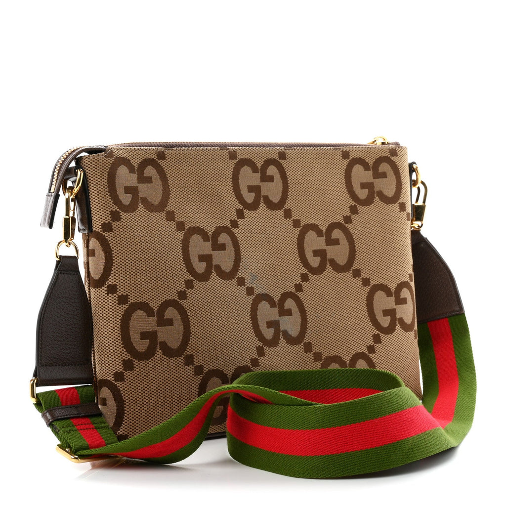 Monogram Jumbo GG Textured Dollar Calfskin Web Wristlet Messenger Bag Camel Ebony New Acero