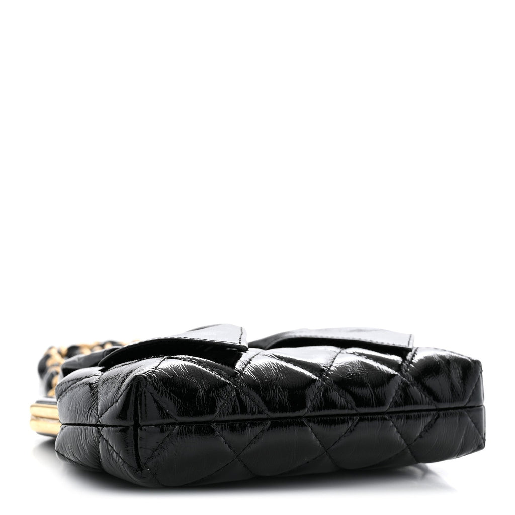 Patent Crumpled Lambskin Quilted Maxi Bow Clutch With Chain Black