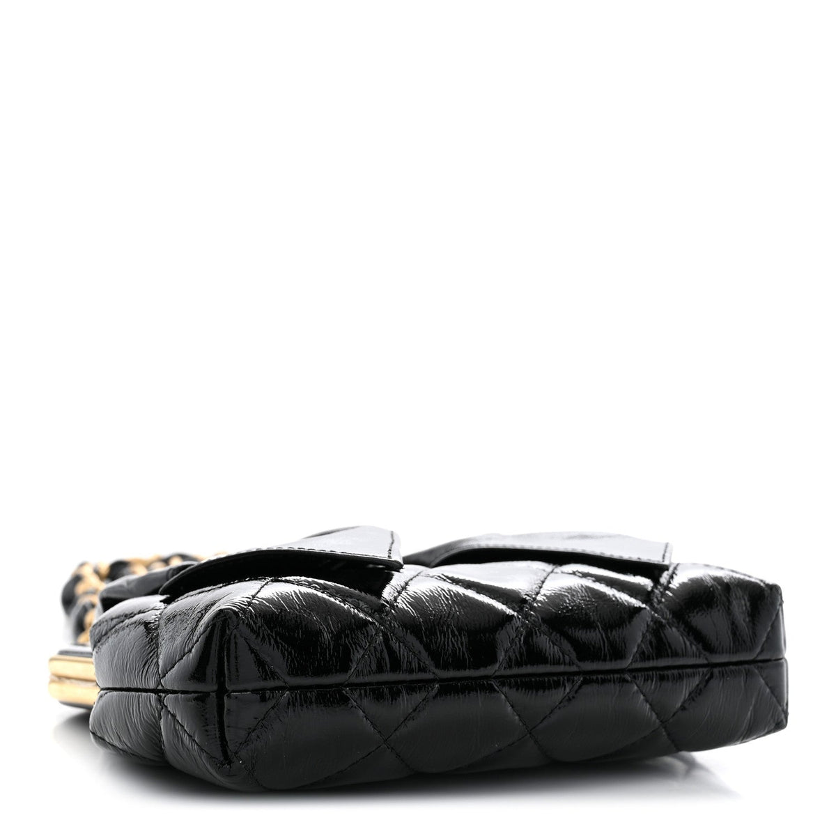 Patent Crumpled Lambskin Quilted Maxi Bow Clutch With Chain Black