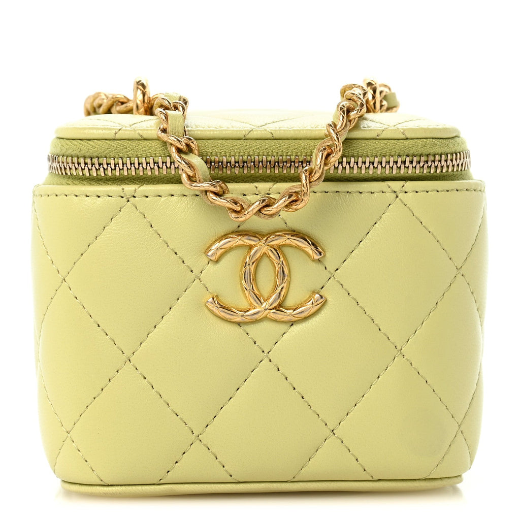 Lambskin Quilted CC Mini Vanity Case With Chain Light Green