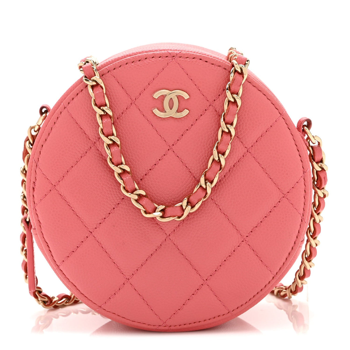 Caviar Quilted Round Clutch With Chain Pink