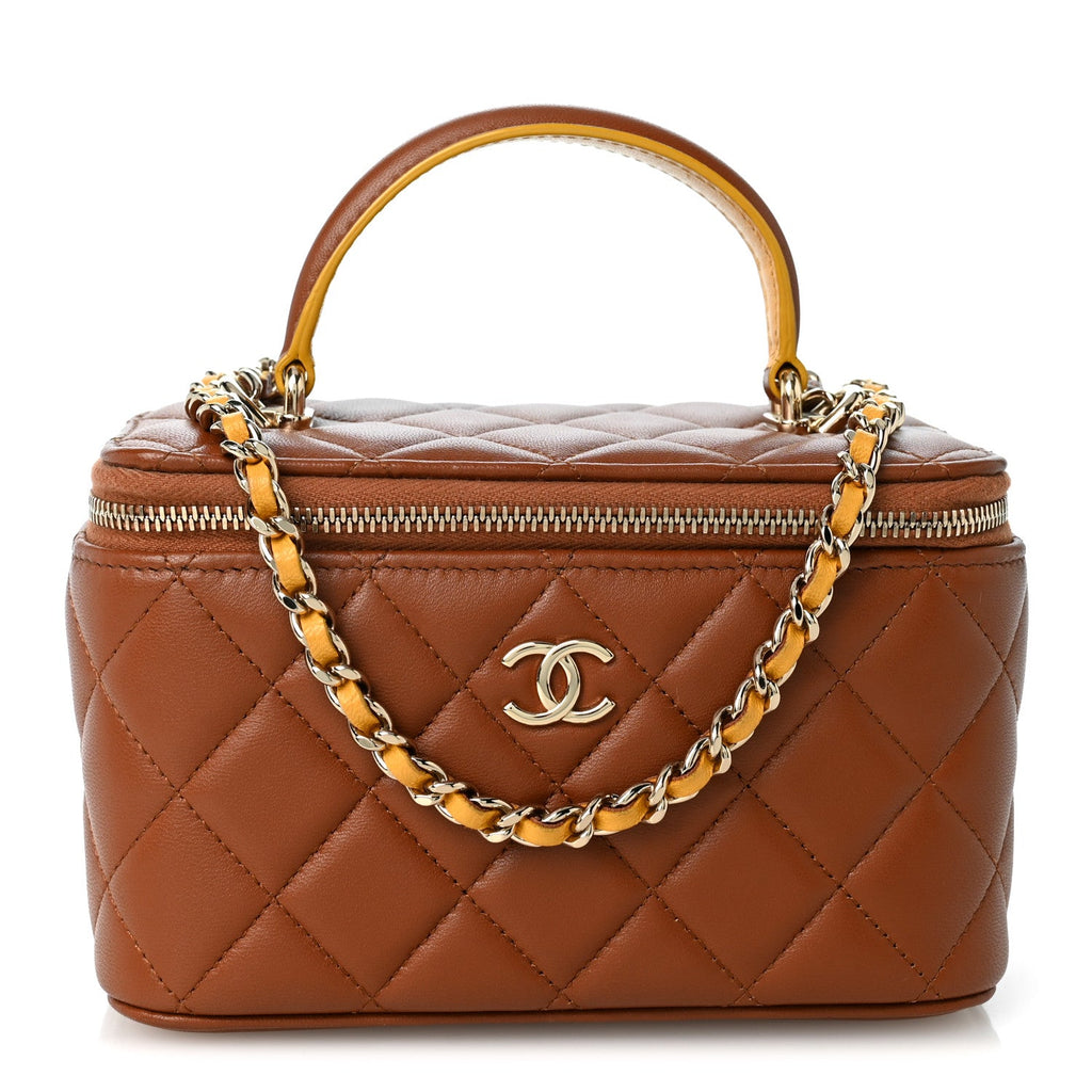 Lambskin Quilted Small Top Handle Vanity Case With Chain Light Brown Yellow