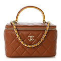 Lambskin Quilted Small Top Handle Vanity Case With Chain Light Brown Yellow