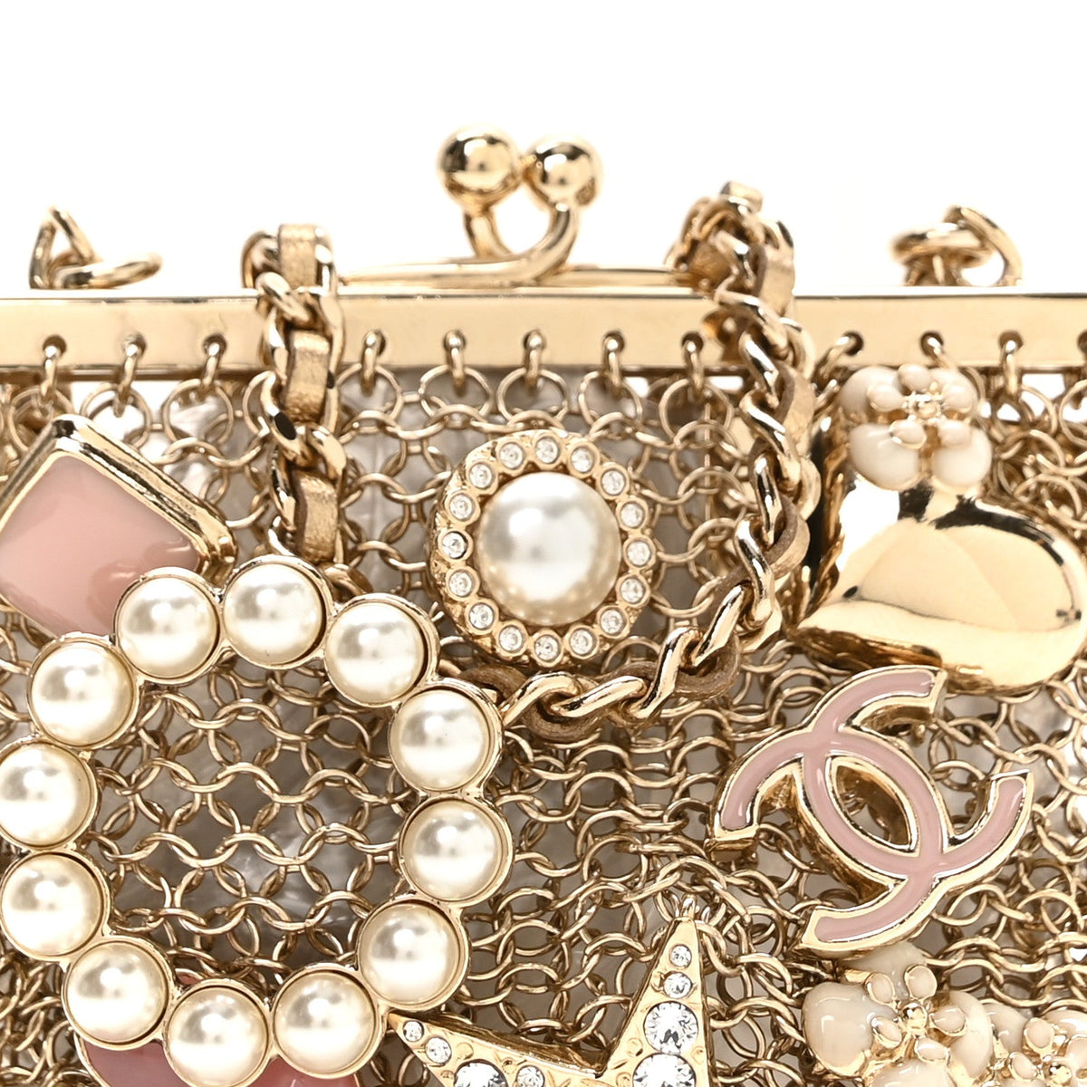 Metal Pearl Enamel Kiss Lock Chain Mail Charm Clutch Gold