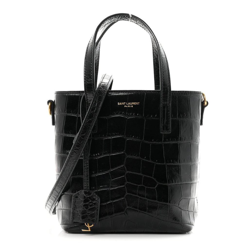 Calfskin Crocodile Embossed Paris Mini Toy Shopper Tote Black