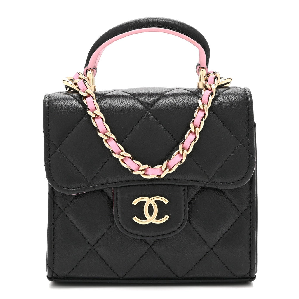 Lambskin Quilted Bi-Color Top Handle Clutch With Chain Black Pink