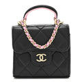 Lambskin Quilted Bi-Color Top Handle Clutch With Chain Black Pink
