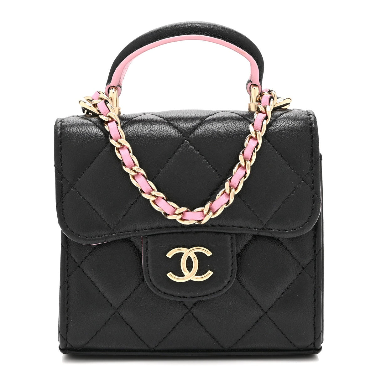Lambskin Quilted Bi-Color Top Handle Clutch With Chain Black Pink