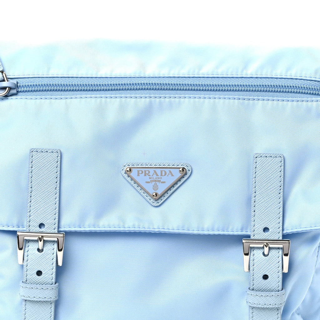 Re-Nylon Vela Saffiano Pocket Double Buckle Messenger Shoulder Bag Celeste