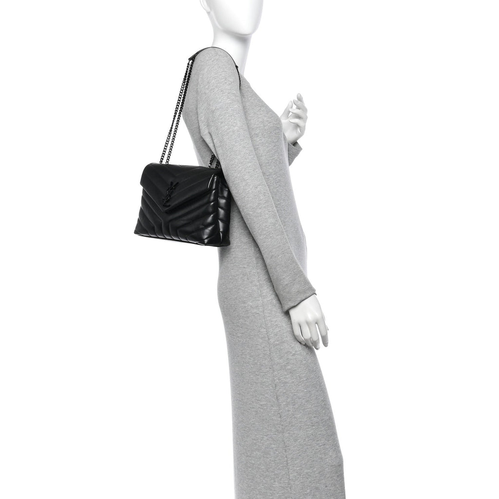 Calfskin Y Quilted Monogram Monochrome Small Loulou Chain Satchel Black