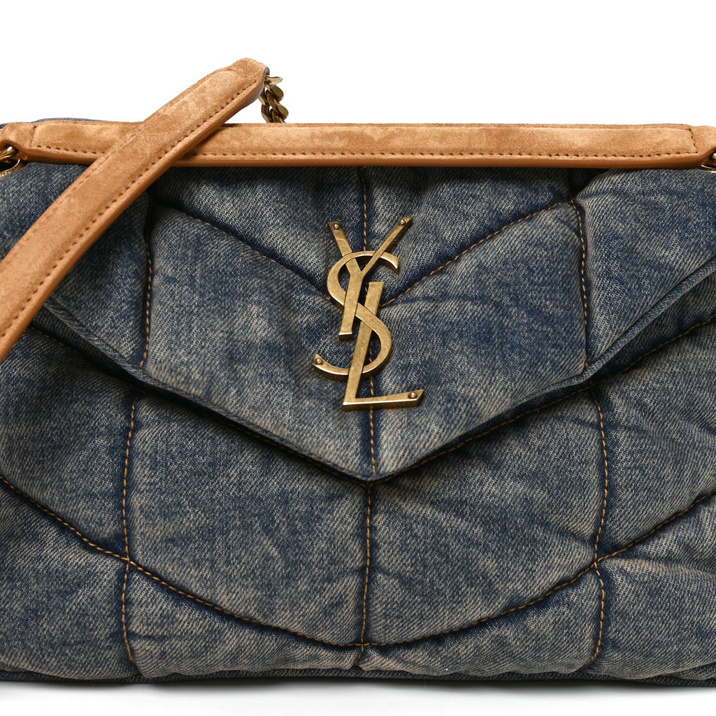 Denim Quilted Small Loulou Puffer Monogram Chain Satchel Blue Cinnamon