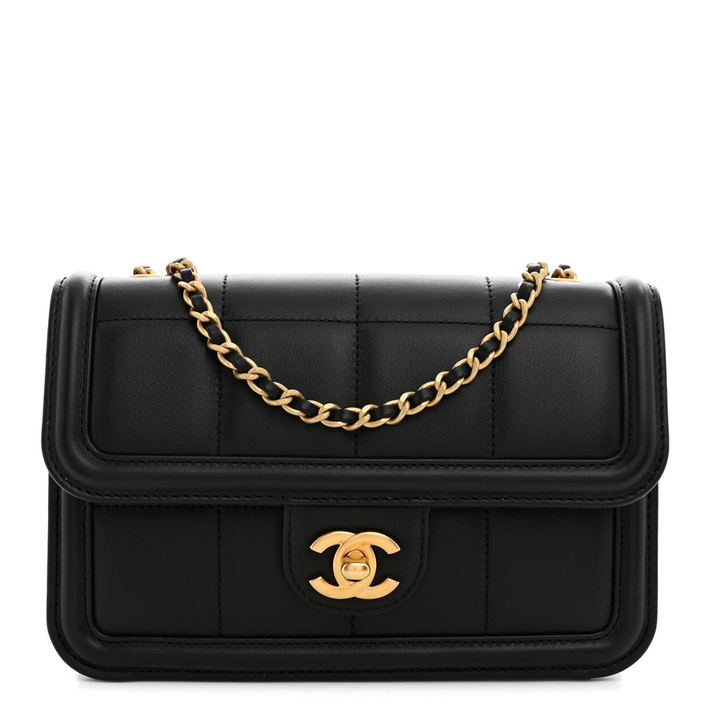 Lambskin Calfskin Mini Chocolate Bar Flap Bag Black