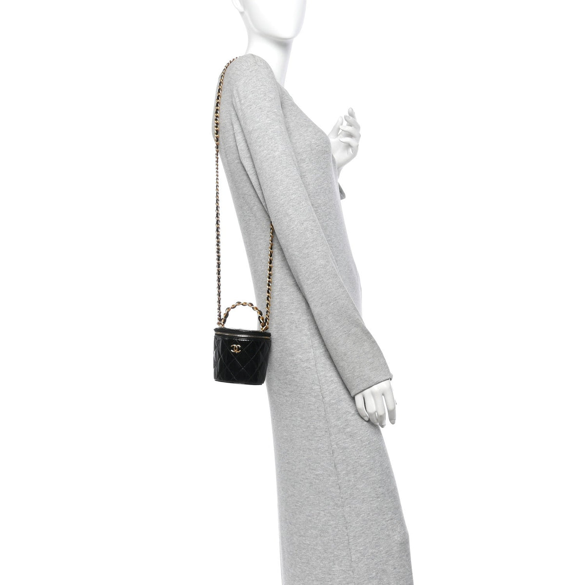 Patent Quilted Afternoon Tea Top Handle Vanity Case With Chain Black
