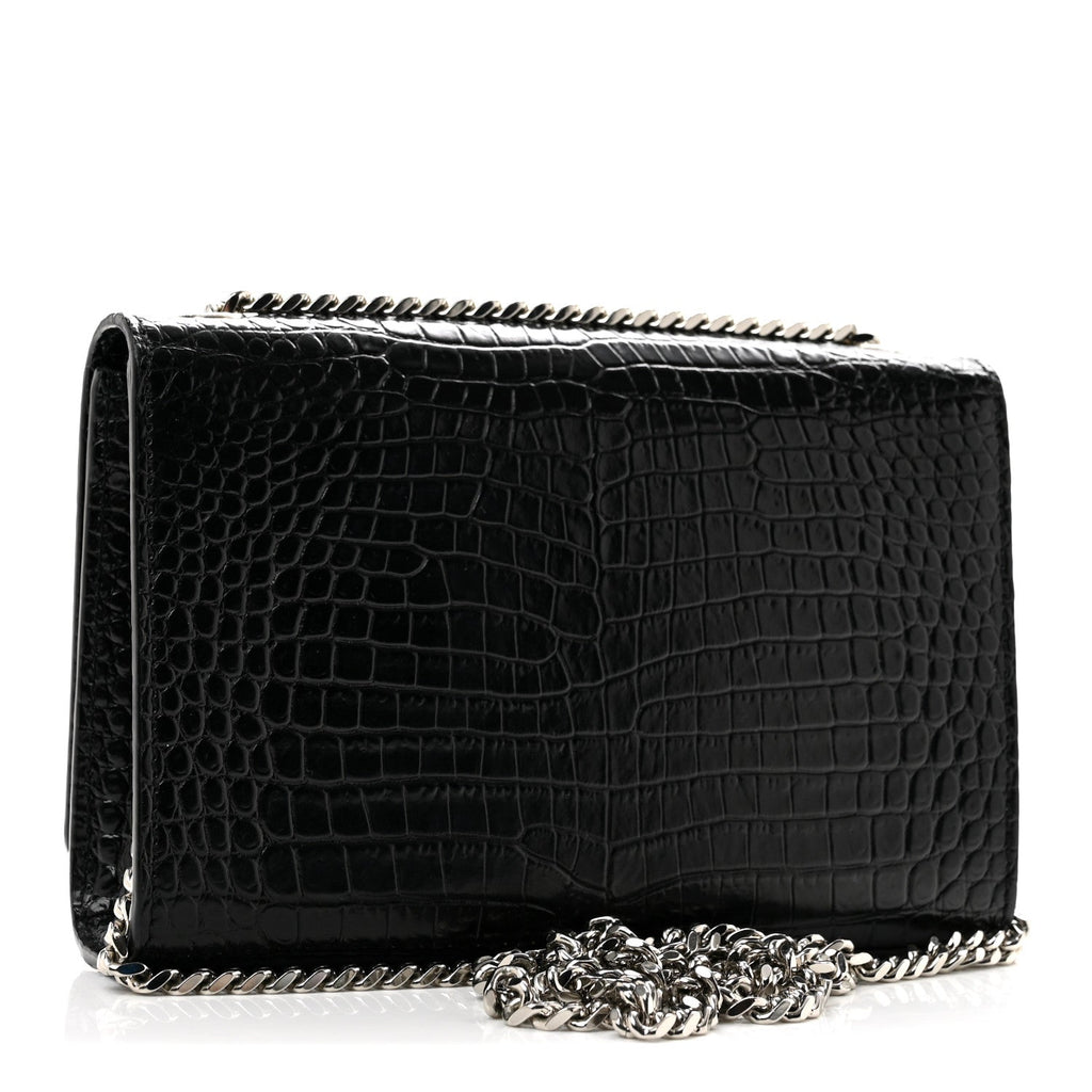 Calfskin Crocodile Embossed Small Classic Monogram Kate Tassel Satchel Black