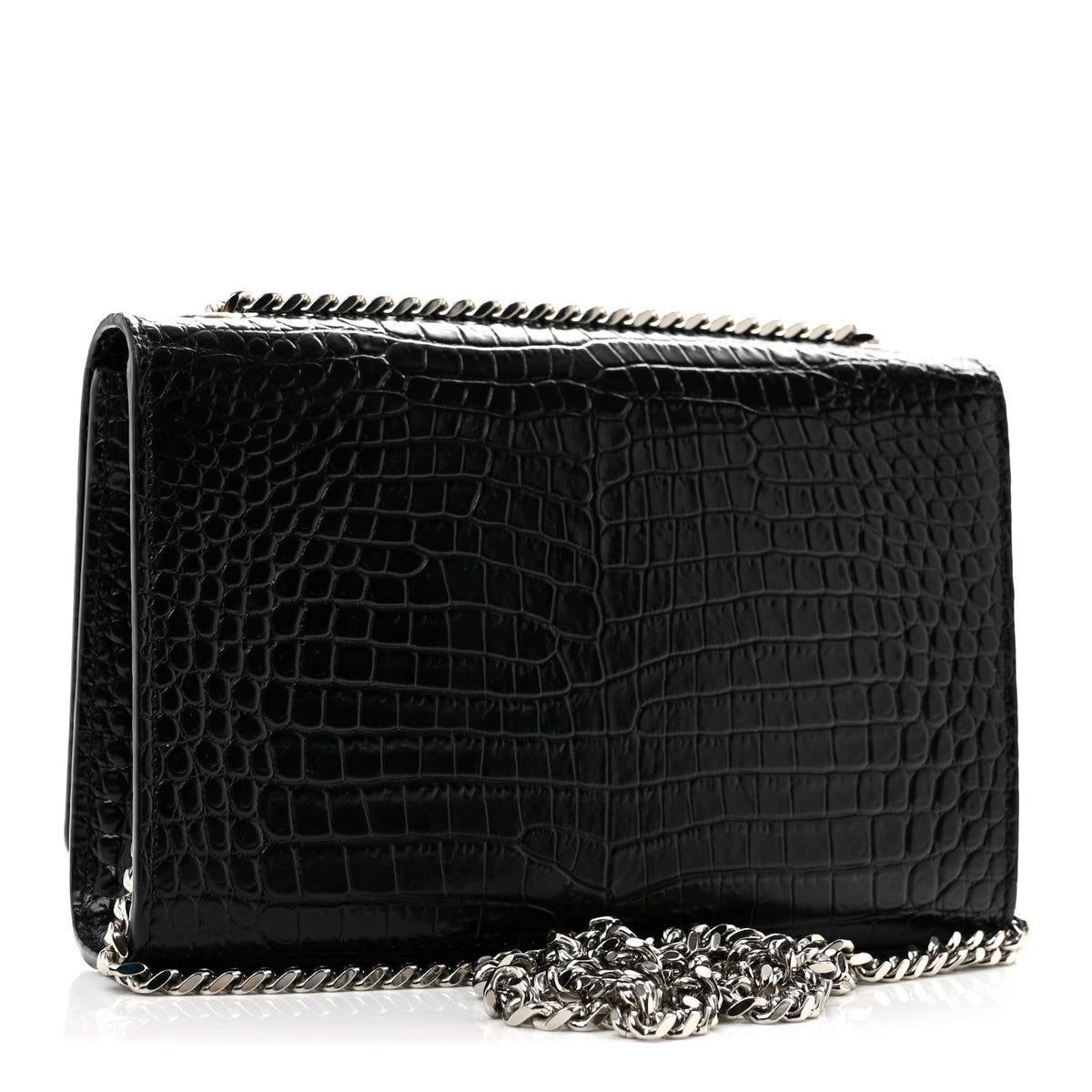 Calfskin Crocodile Embossed Small Classic Monogram Kate Tassel Satchel Black